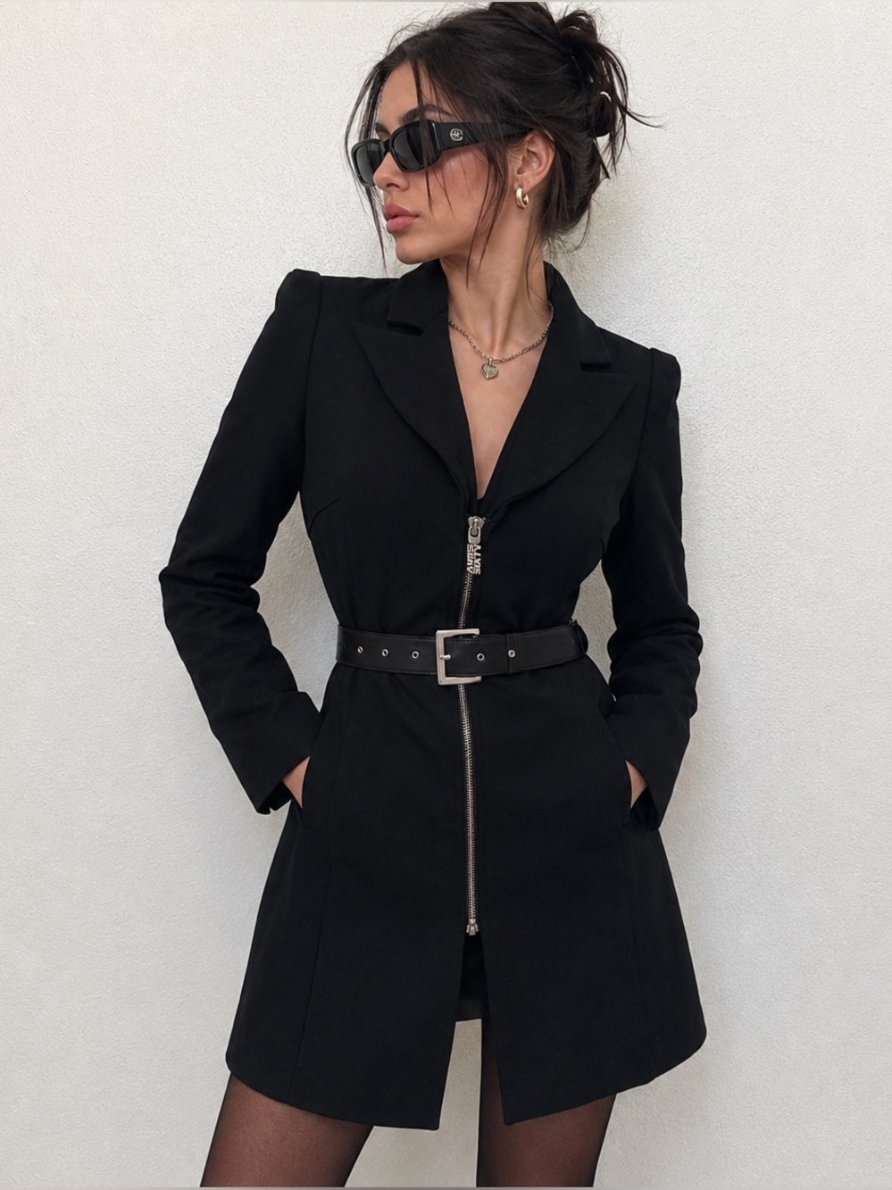 Miss Sixty Diamond Black Tailored Coat XS Italy Exaggerated Shoulder Y2K Zip